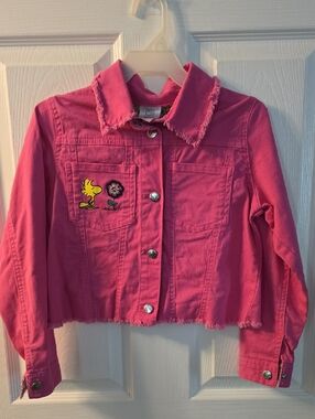 Girls Bright Pink Denim Jacket with Embroidered Character - Casual Cropped Style